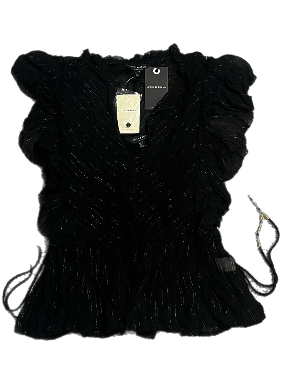 NWT Lucky Brand Black Ruffled Short Sleeve Top with Subtle Metallic Gold Thread